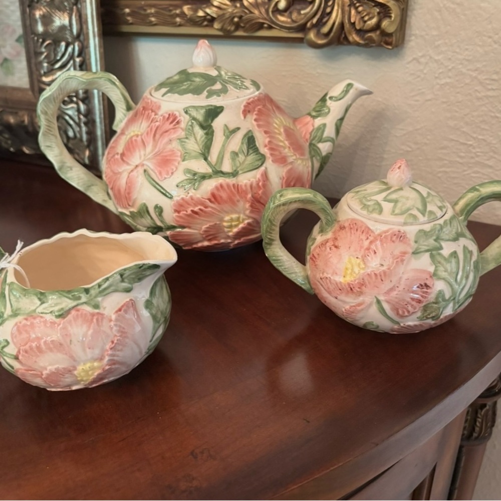Fitz and Floyd Floral Ceramic Tea Set with Pink and Green. Tulleries Park Garden